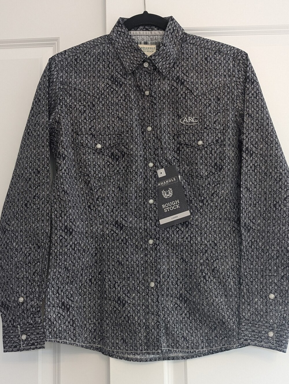 NWT Panhandle Rough Stock Western Shirt Black ARC Embroidered Womens XS